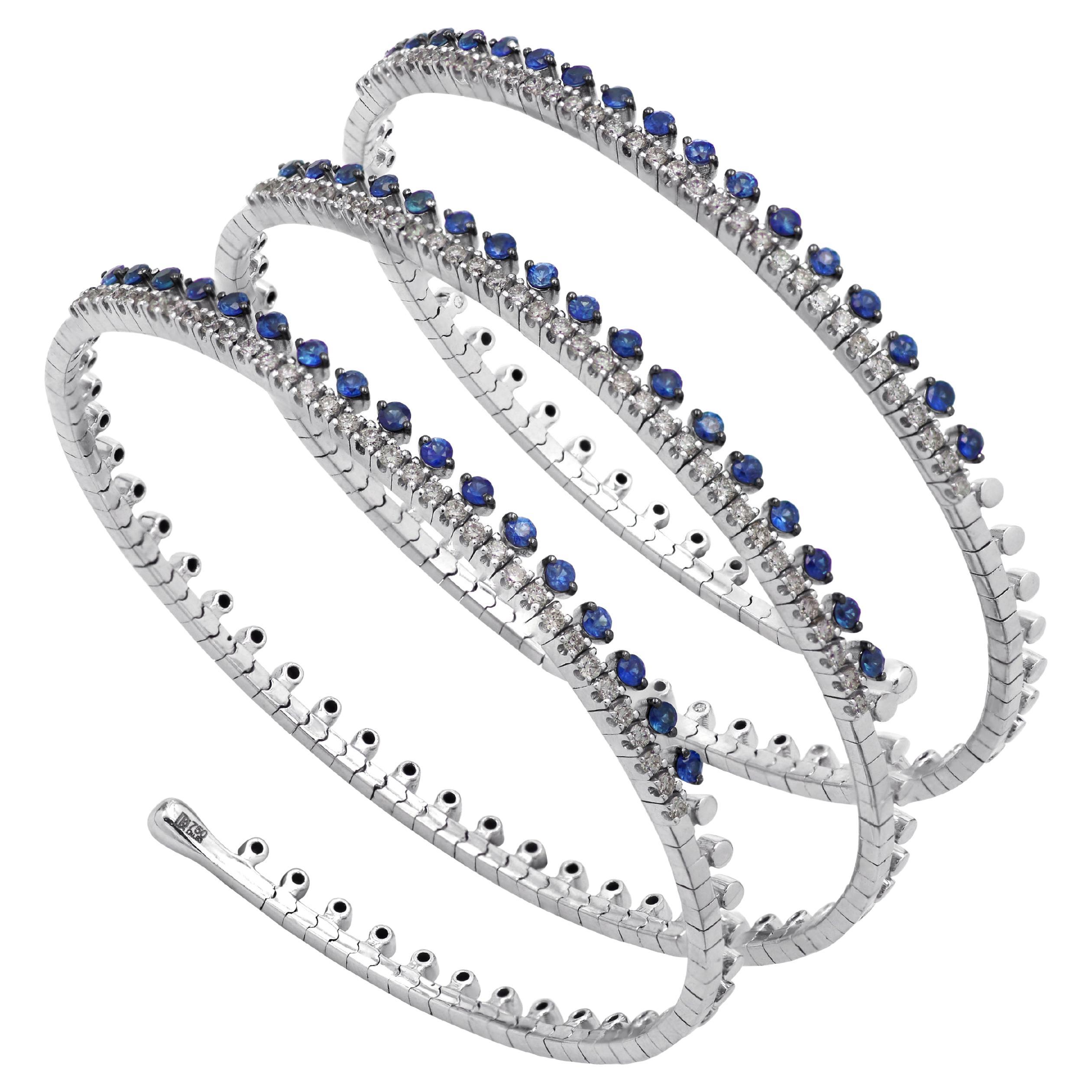 18k White Gold Spiral Bracelet with Sapphires and Diamonds For Sale