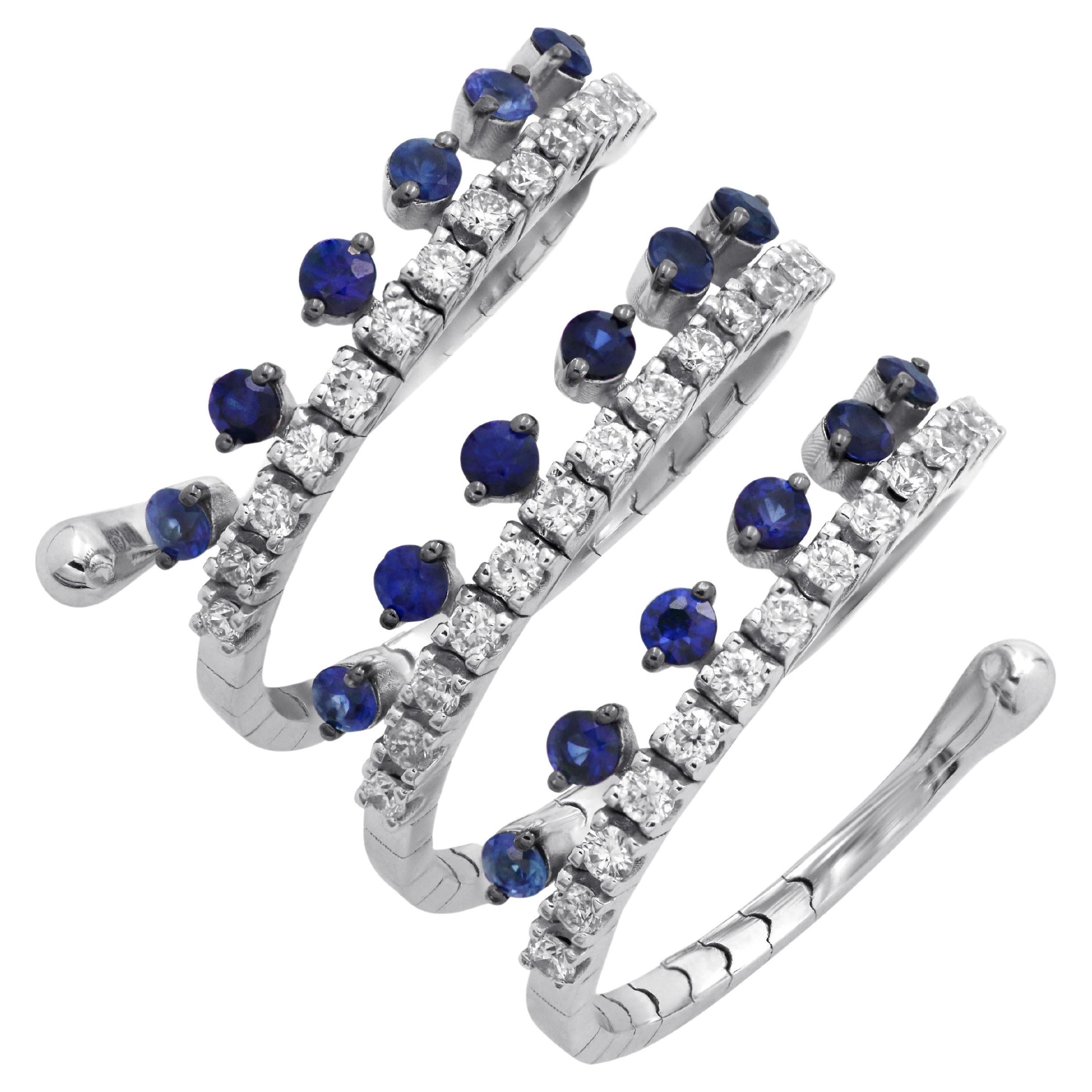 18k White Gold Spiral Ring with Blue Sapphires and Diamonds For Sale