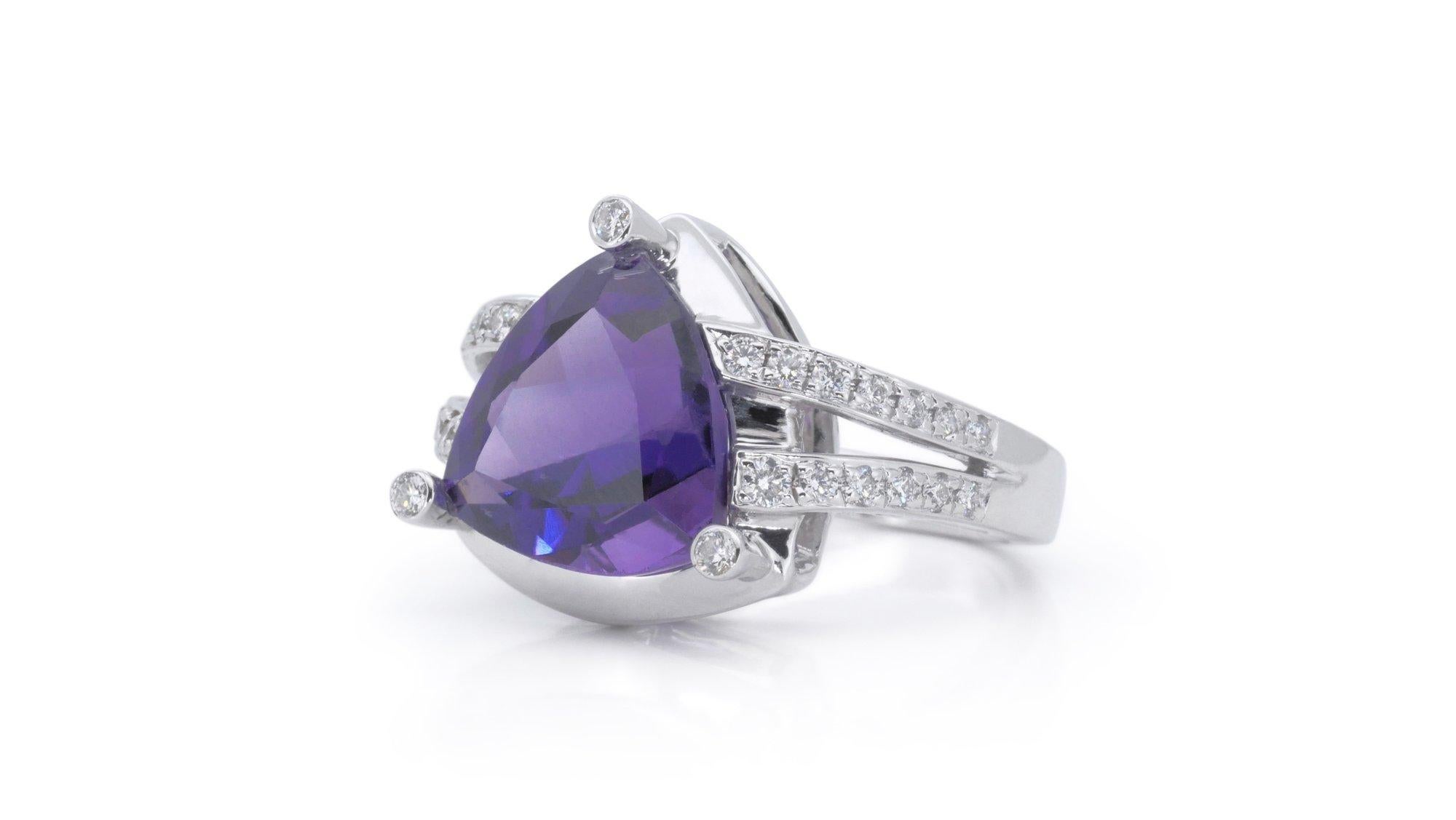 Mixed Cut 18k White Gold Split Shank Ring w/ 4.08ct Amethyst and Natural Diamonds IGI Cert For Sale