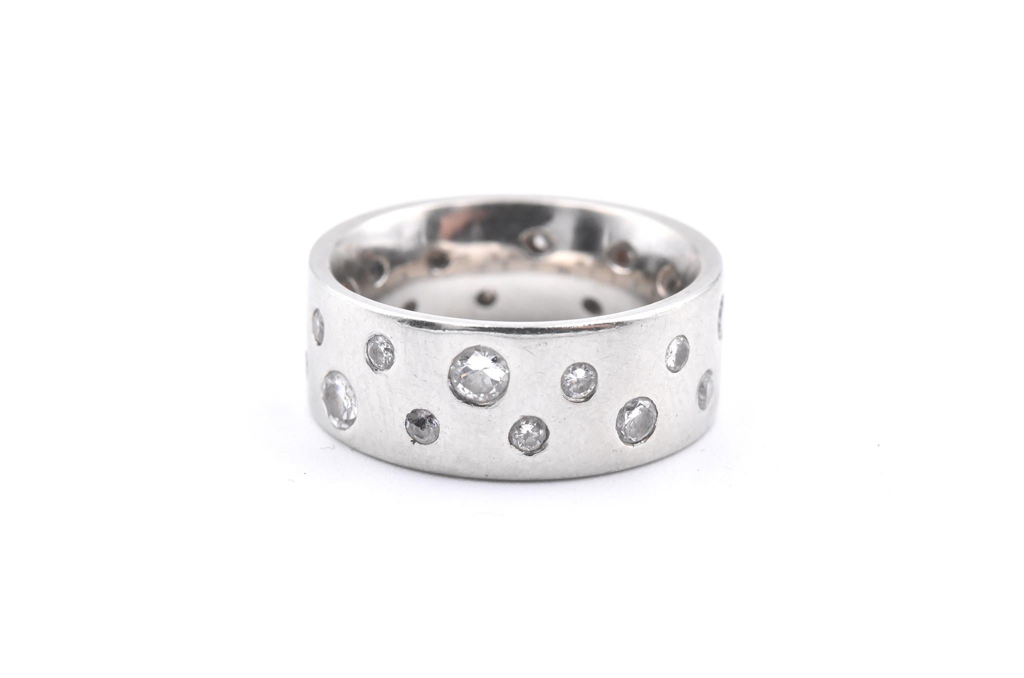 Material: 18k white gold
Diamonds: 24 round brilliant cuts = 1.00cttw
Color: G-I
Clarity: VS2-SI2
Ring Size: 4 ¼ (please allow two additional shipping days for sizing requests)
Dimensions: ring measures 7.30mm in width
Weight: 9.02 grams
