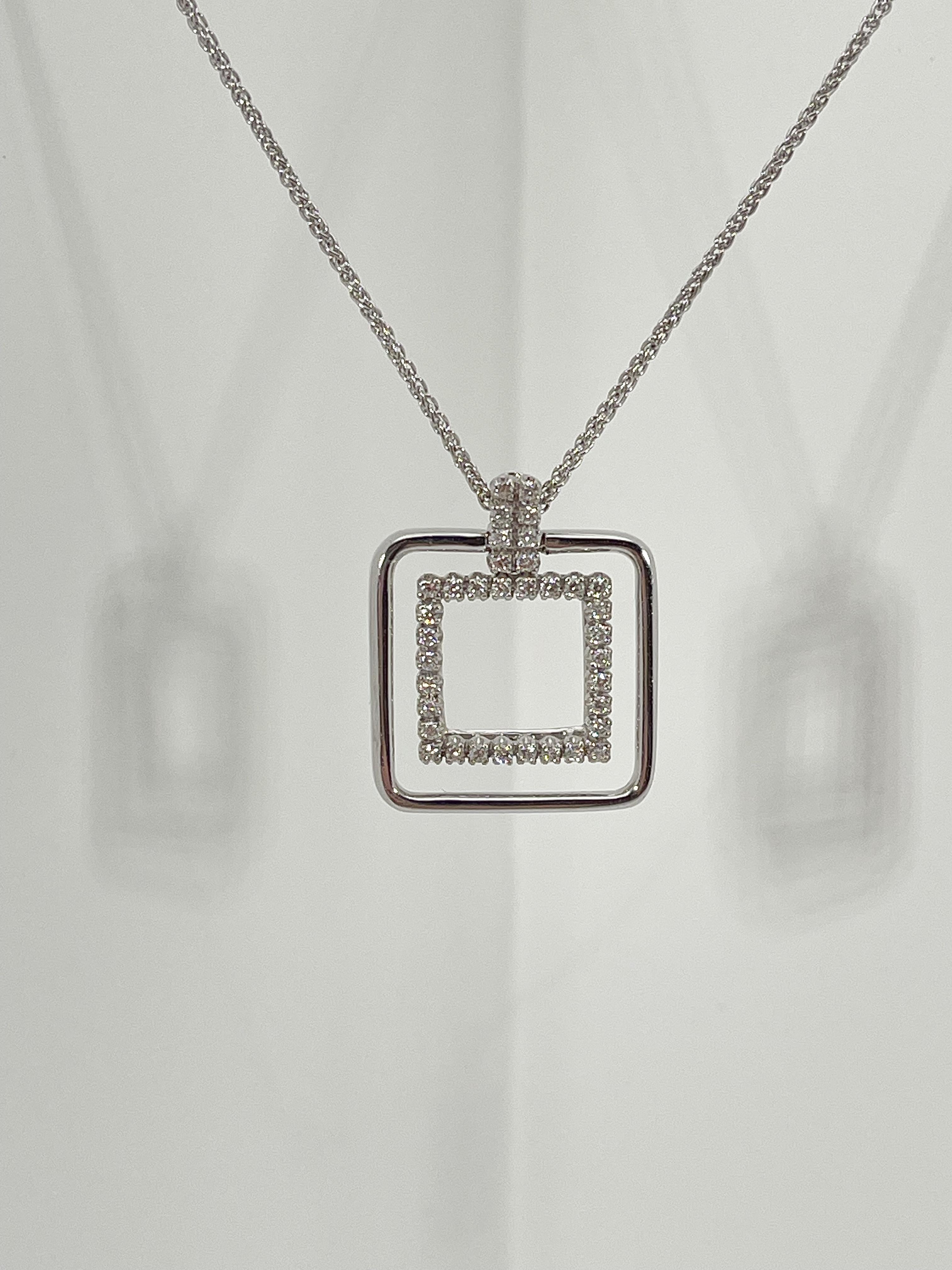 Round Cut 18K White Gold Square .33 CTW Diamond Pendant Necklace For Sale