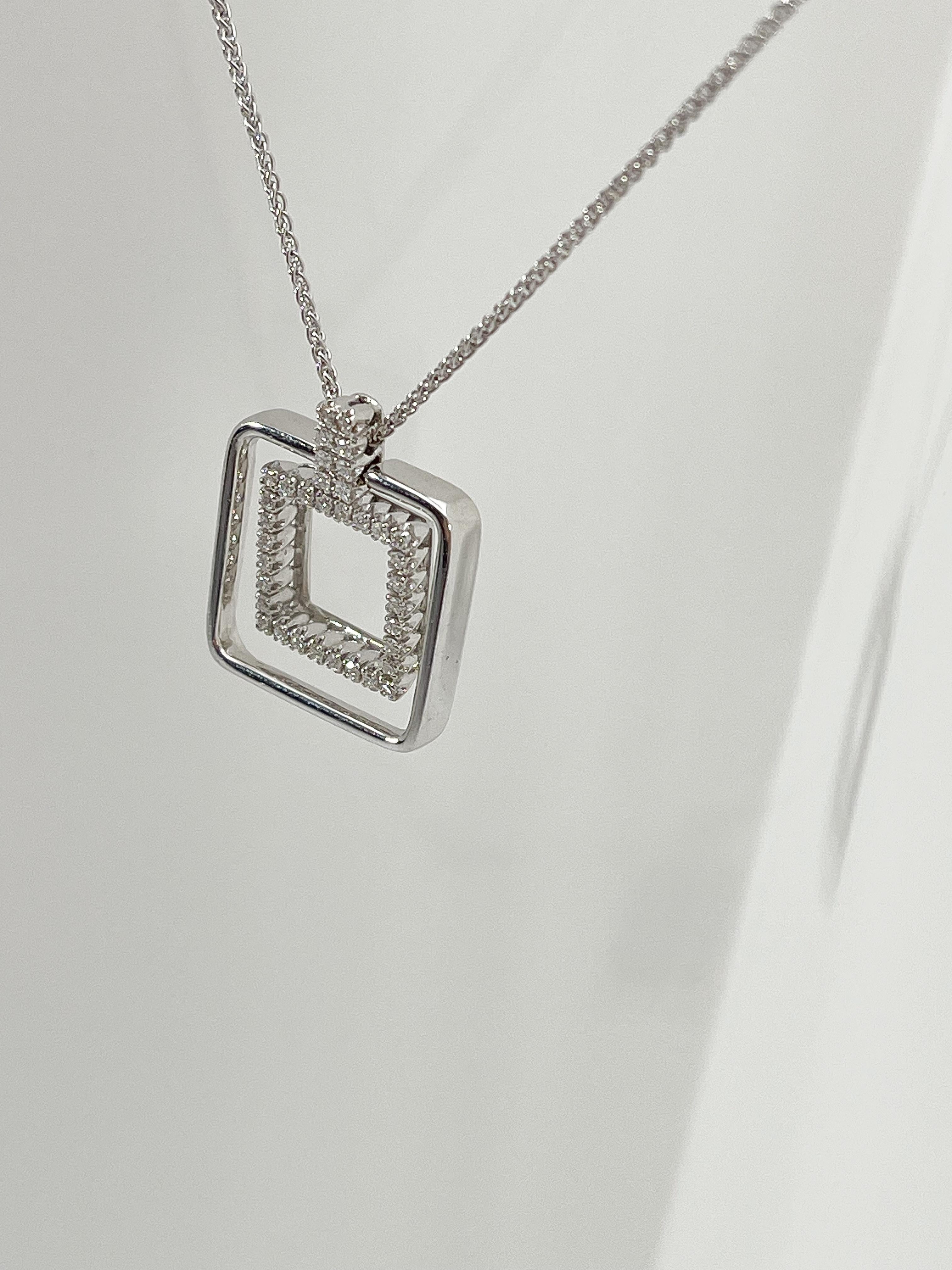 18K White Gold Square .33 CTW Diamond Pendant Necklace In Excellent Condition For Sale In Stuart, FL