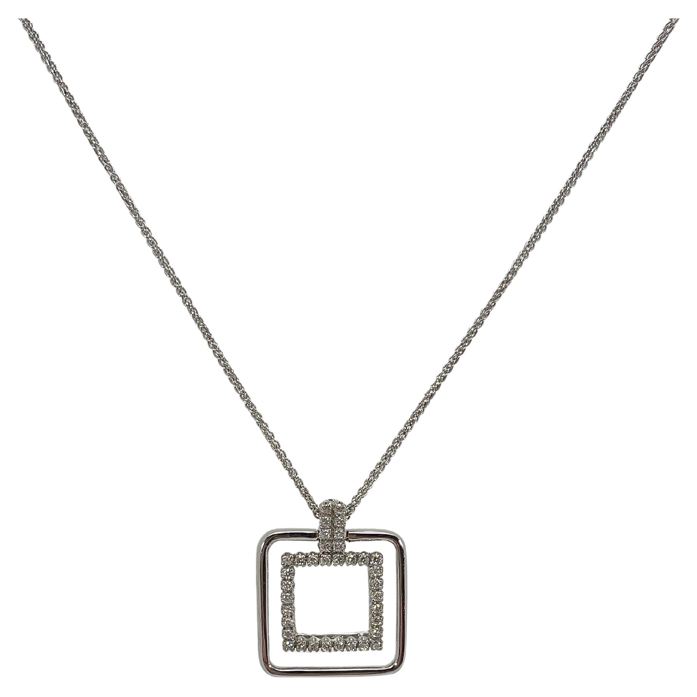 18K White Gold Square .33 CTW Diamond Pendant Necklace