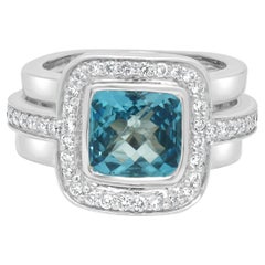 18K White Gold Square Checkerboard Cushion Cut Blue Topaz and Round Diamond Ring