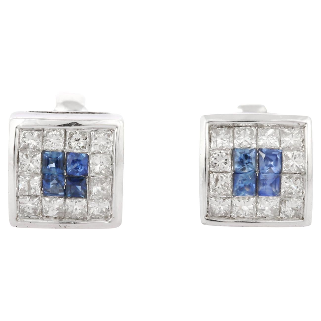 18K White Gold Square Cut Blue Sapphire and Diamond Stud Earrings