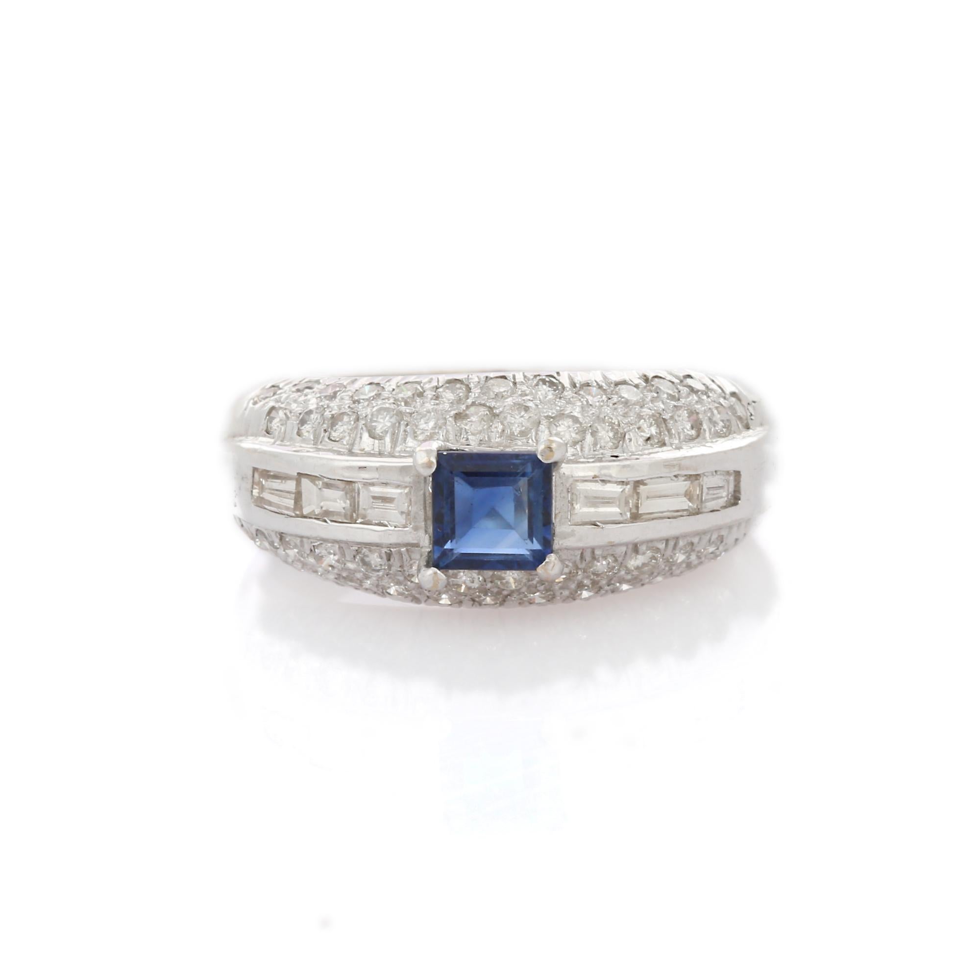 For Sale:  18K White Gold Square Cut Blue Sapphire and Diamonds Cocktail Ring 2