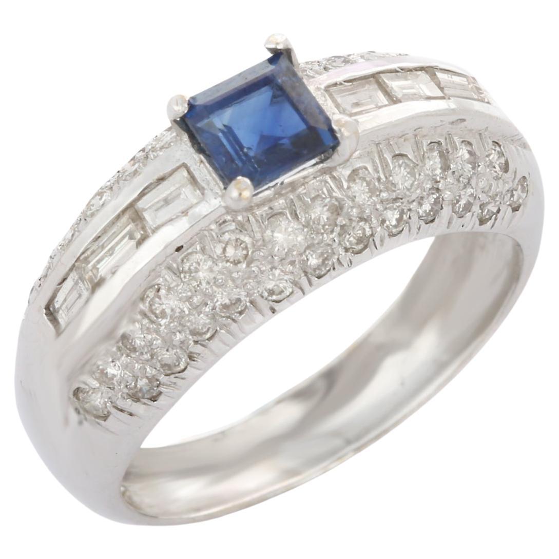 18K White Gold Square Cut Blue Sapphire and Diamonds Cocktail Ring