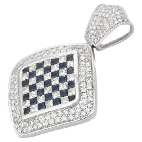 18K Weißgold Square Cut Blue Sapphire & Diamanten Checkered Anhänger für Frauen im Angebot