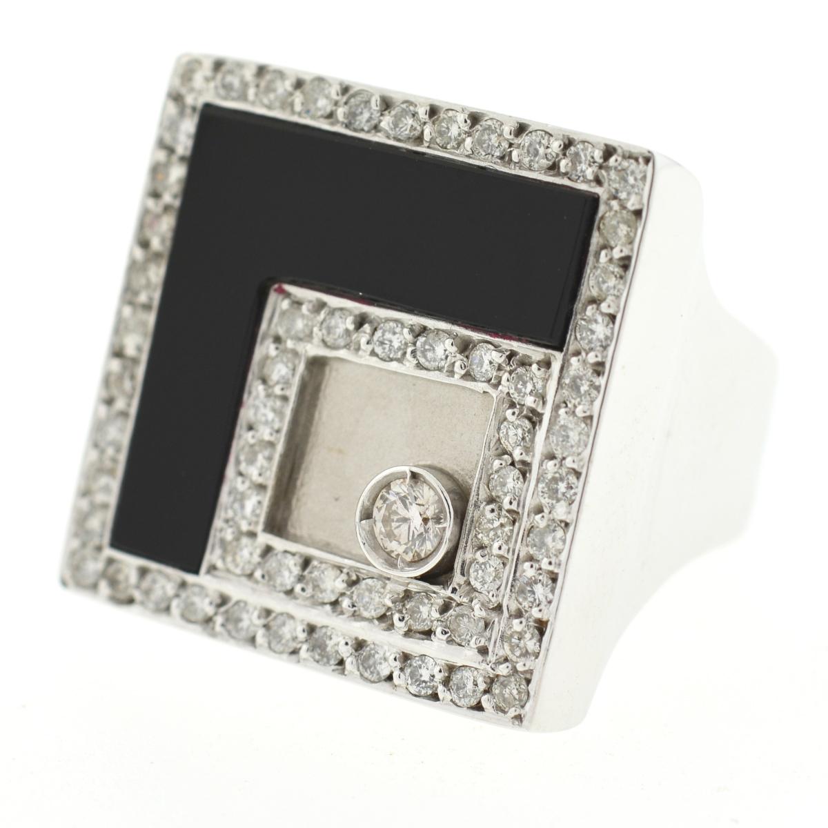 Women's or Men's 18 Karat White Gold Square Diamond and Onyx Ring