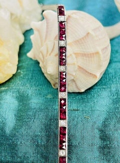 18K White Gold Square French Cut Burma Natural Rubies Diamond Tennis Bracelet