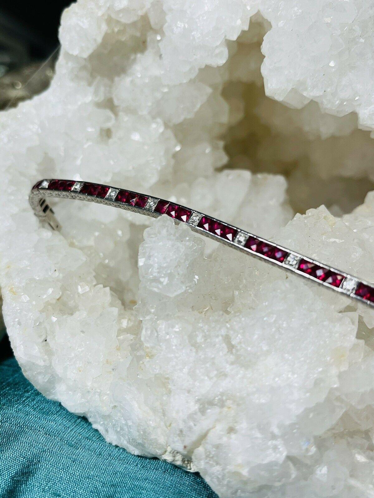 18K White Gold Square French Cut Burma Natural Rubies Diamond Tennis Bracelet In Excellent Condition For Sale In Addison, TX