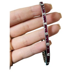 18K White Gold Square French Cut Burma Natural Rubies Diamond Tennis Bracelet