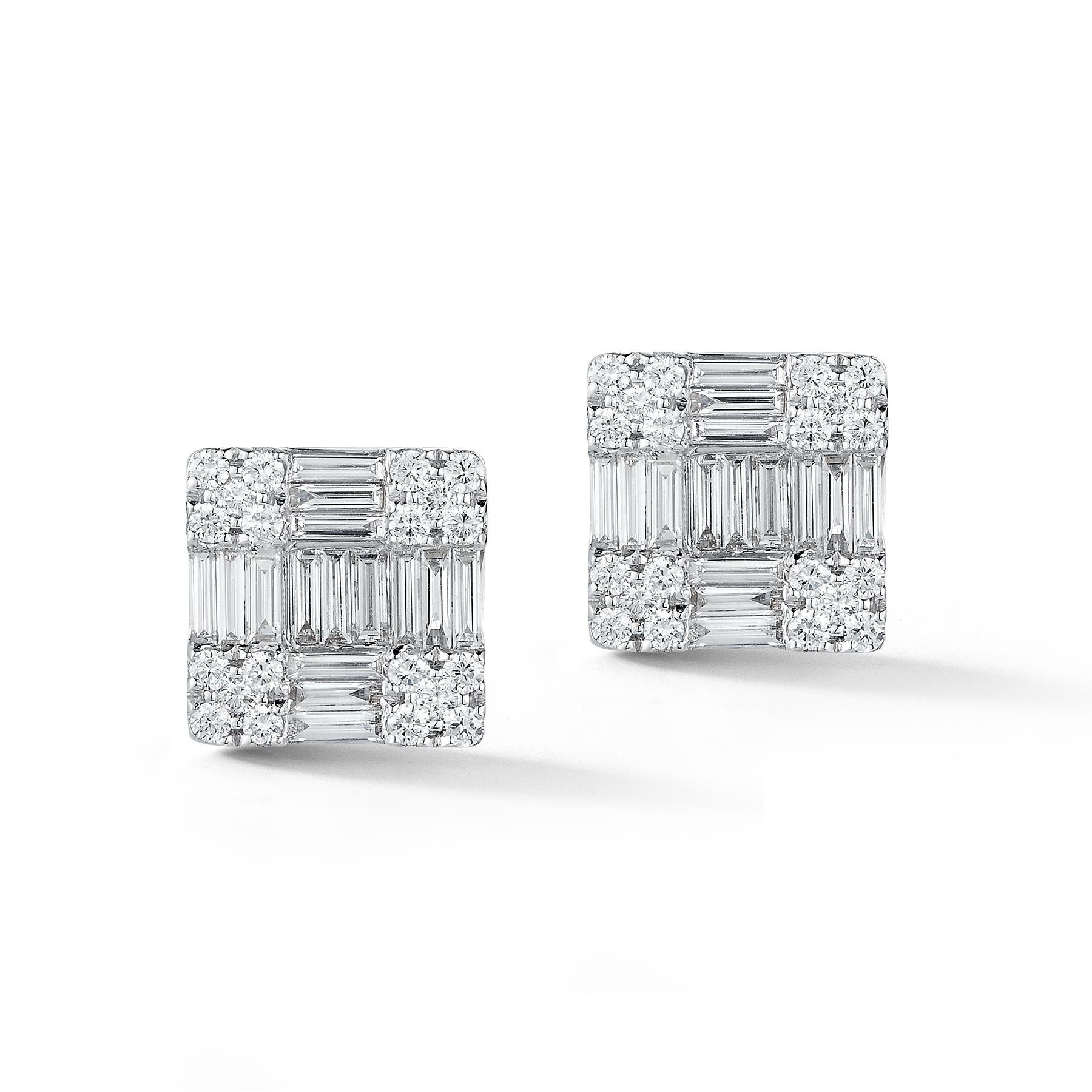 Beautiful 18K White Gold Square-shaped Diamond Earrings with 30 Baguette Flawless Diamonds weighing 1.78 Carats. & 40 Round Flawless Diamonds weighing .95 Carats.