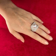 18K White Gold Squared Pearl Ring with 3.13 Carats of Pave Diamonds