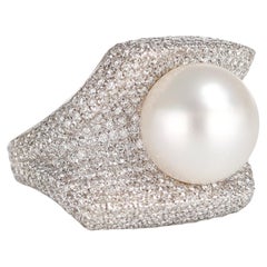 18K White Gold Squared Pearl Ring with 3.13 Carats of Pave Diamonds