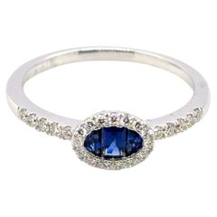 18k Weißgold Sri Lanka Saphir Baguette Cts 0,44 und Diamant Halo Ring