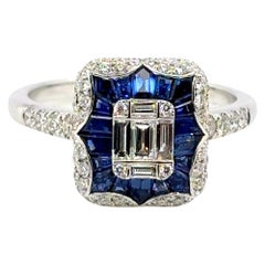 18k White Gold Sri Lankan Sapphire Baguette Cts 1.68 and Diamond Round Ring