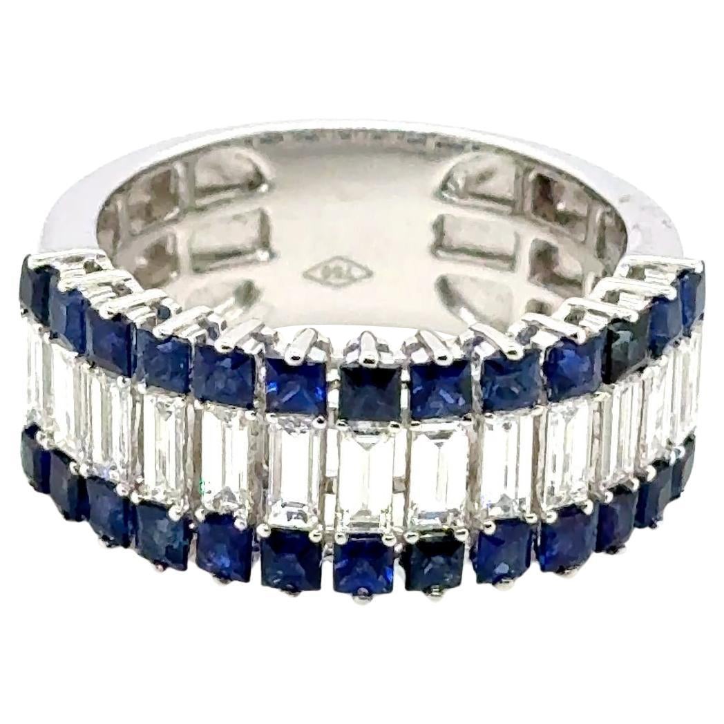 18k White Gold Sri Lankan Sapphire Princess Cts 1.51 and Diamond Baguette Ring For Sale