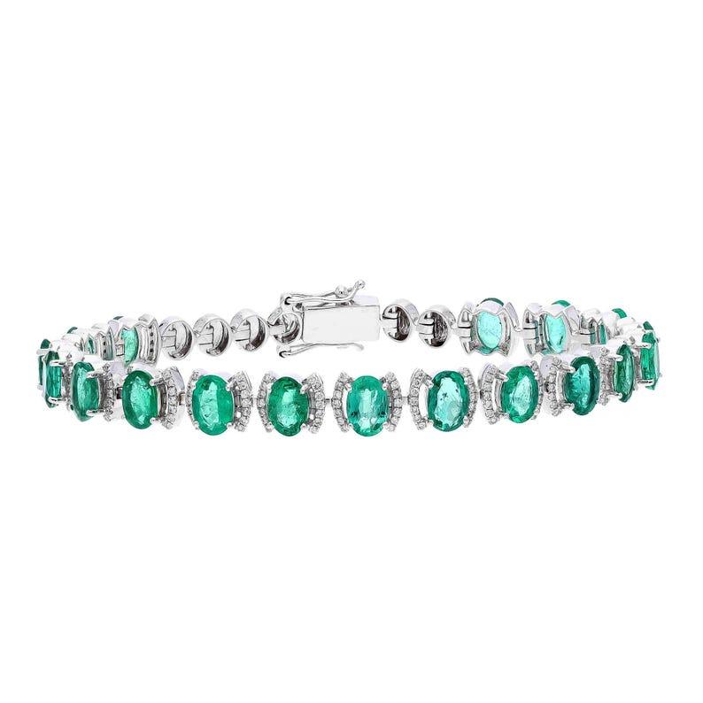 Contemporary 18k White Gold Stackable Natural Emerald Diamond Chain Bracelet, 6.75Inch Length