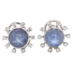 Vintage 18 Karat White Gold Star Sapphire and Diamond Earrings