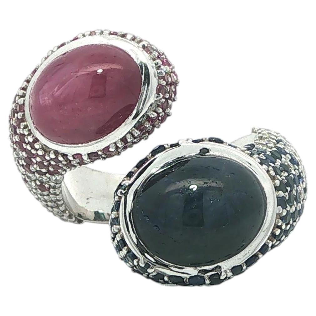 18k White Gold Star Sapphire Pink Stones & Diamond Serpent Bypass Ring For Sale