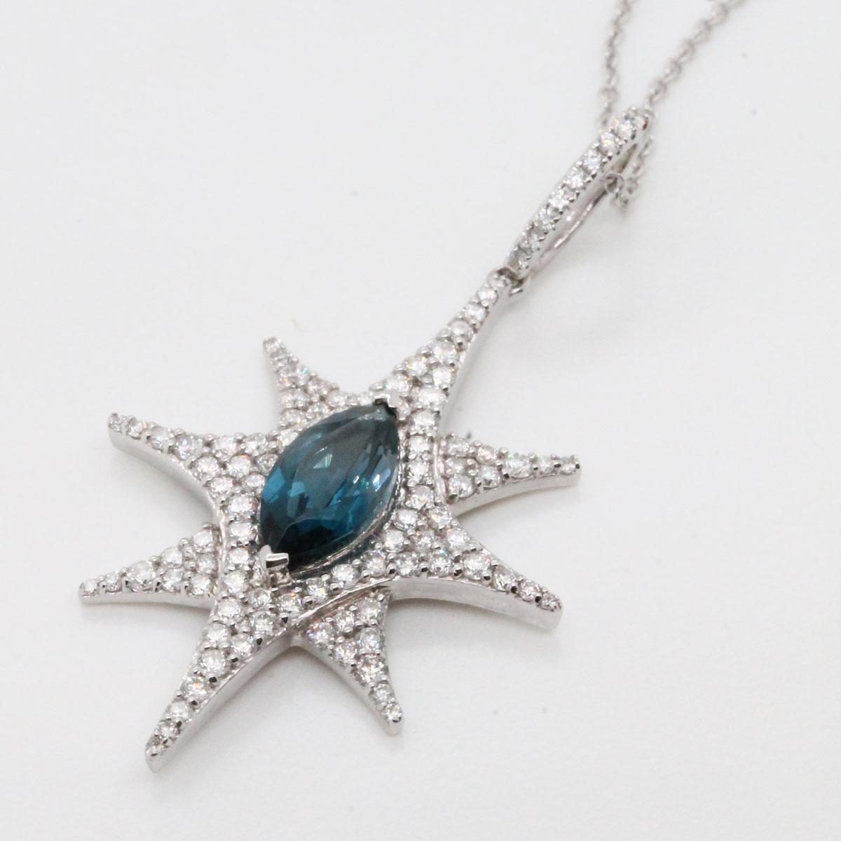18 Karat Gold Star Shape Necklace with Marquise London Blue Topaz and Diamonds In New Condition For Sale In Great Neck, NY
