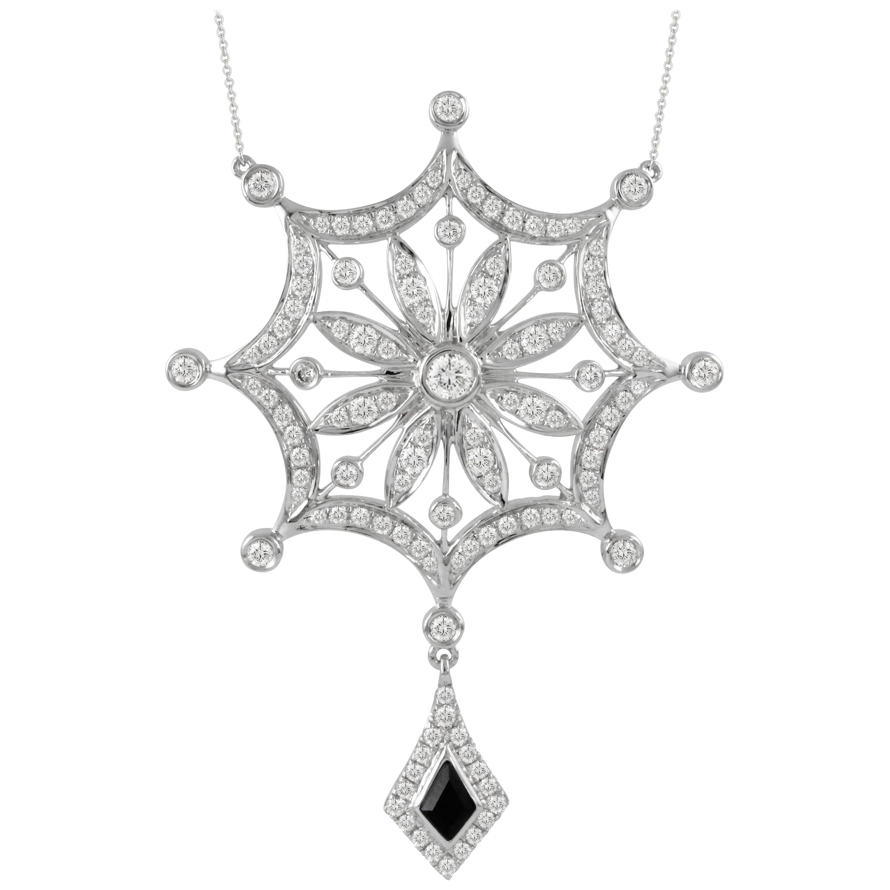 18K White Gold Star Snowflake Art Deco Style Necklace Black Onyx and Diamonds For Sale