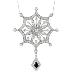 18K White Gold Star Snowflake Art Deco Style Necklace Black Onyx and Diamonds