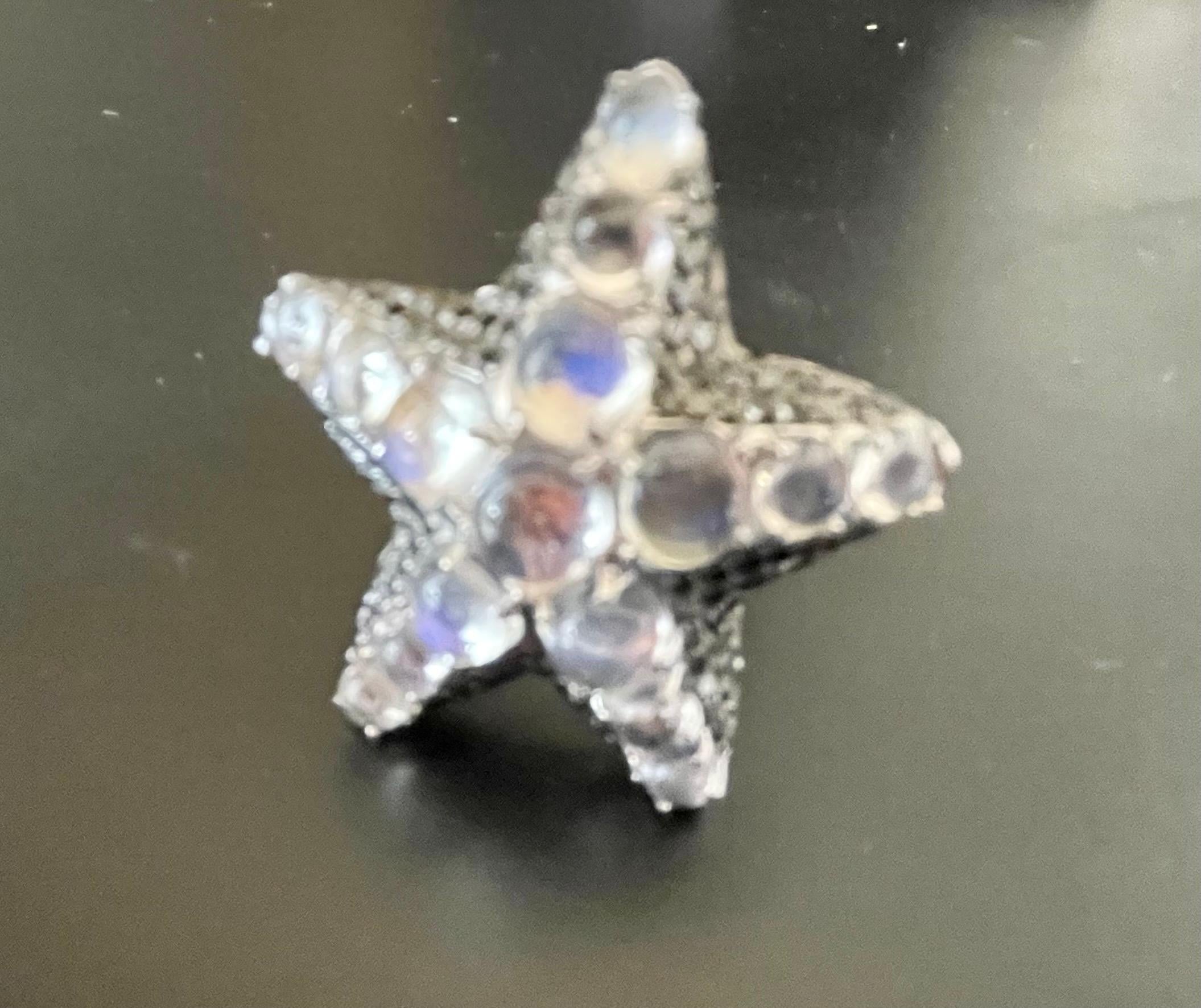 Women's 18K White Gold Starfish Ring Moonstones Black Diamonds For Sale