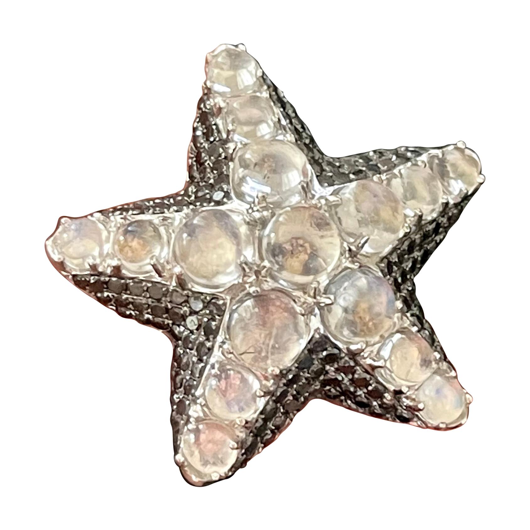 18K White Gold Starfish Ring Moonstones Black Diamonds For Sale