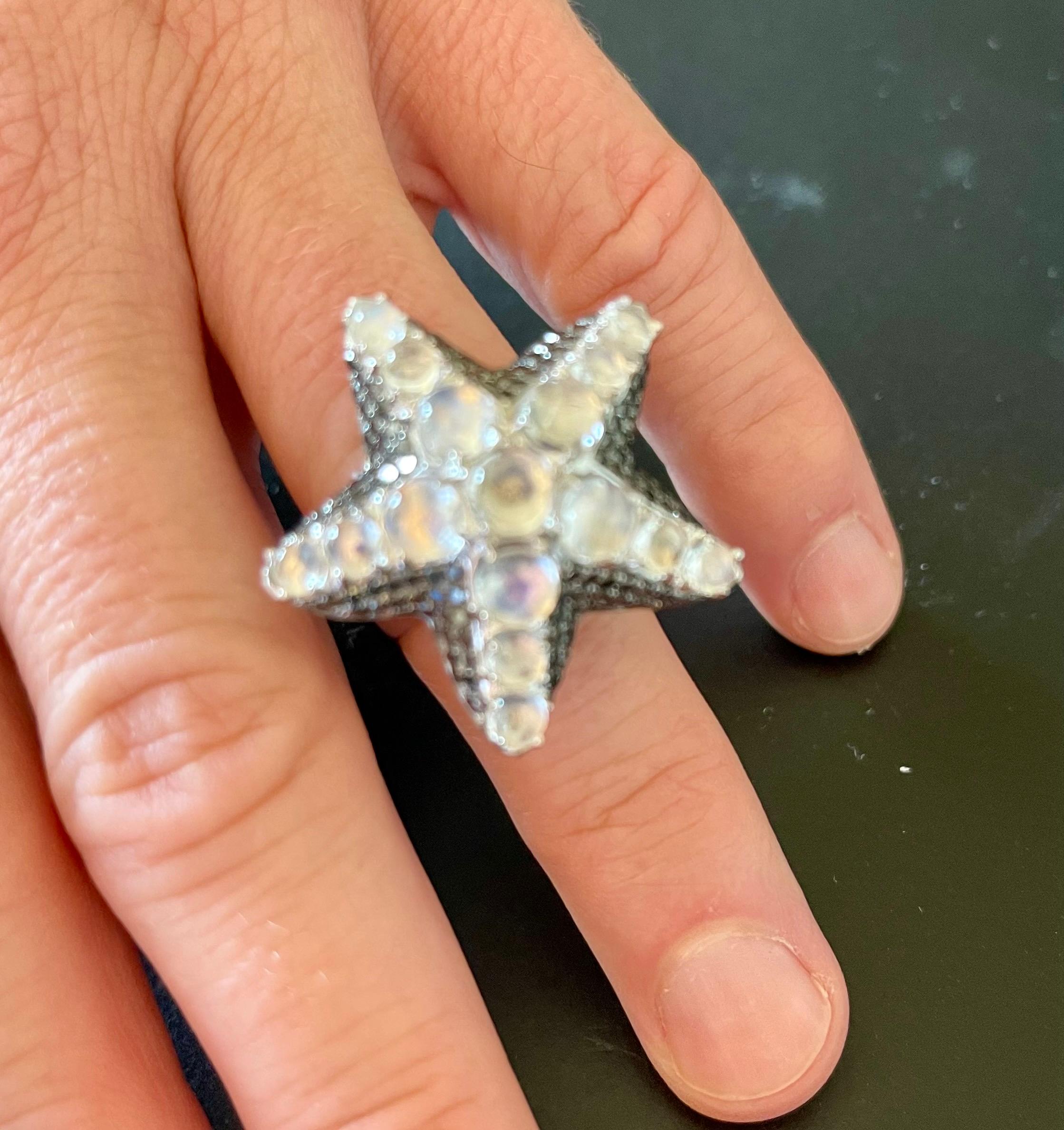 Contemporary 18K White Gold Starfish Ring Moonstones Black Diamonds For Sale
