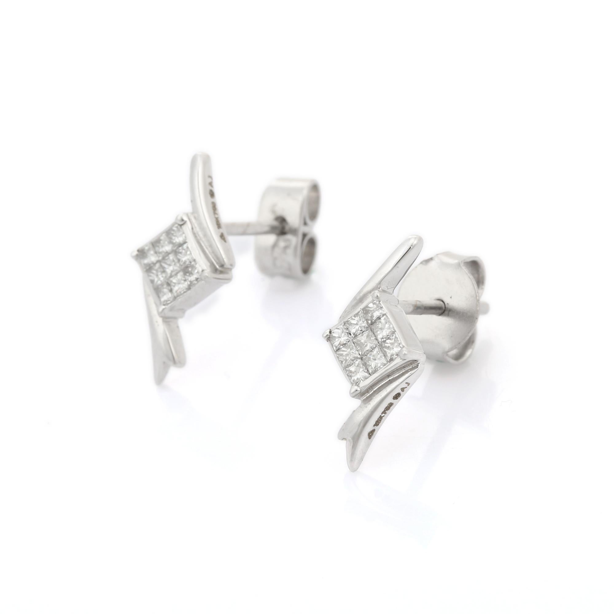 18K Solid White Gold Square Cut Natural Diamond Stud Earrings For Her In New Condition For Sale In Houston, TX