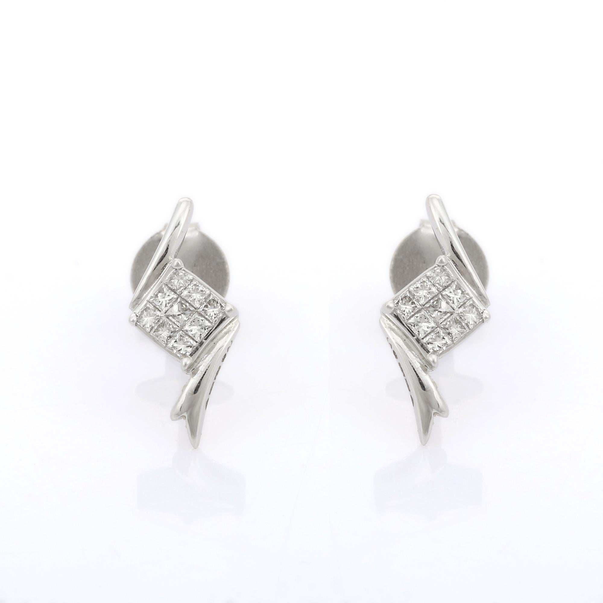 Women's 18K Solid White Gold Square Cut Natural Diamond Stud Earrings For Her For Sale