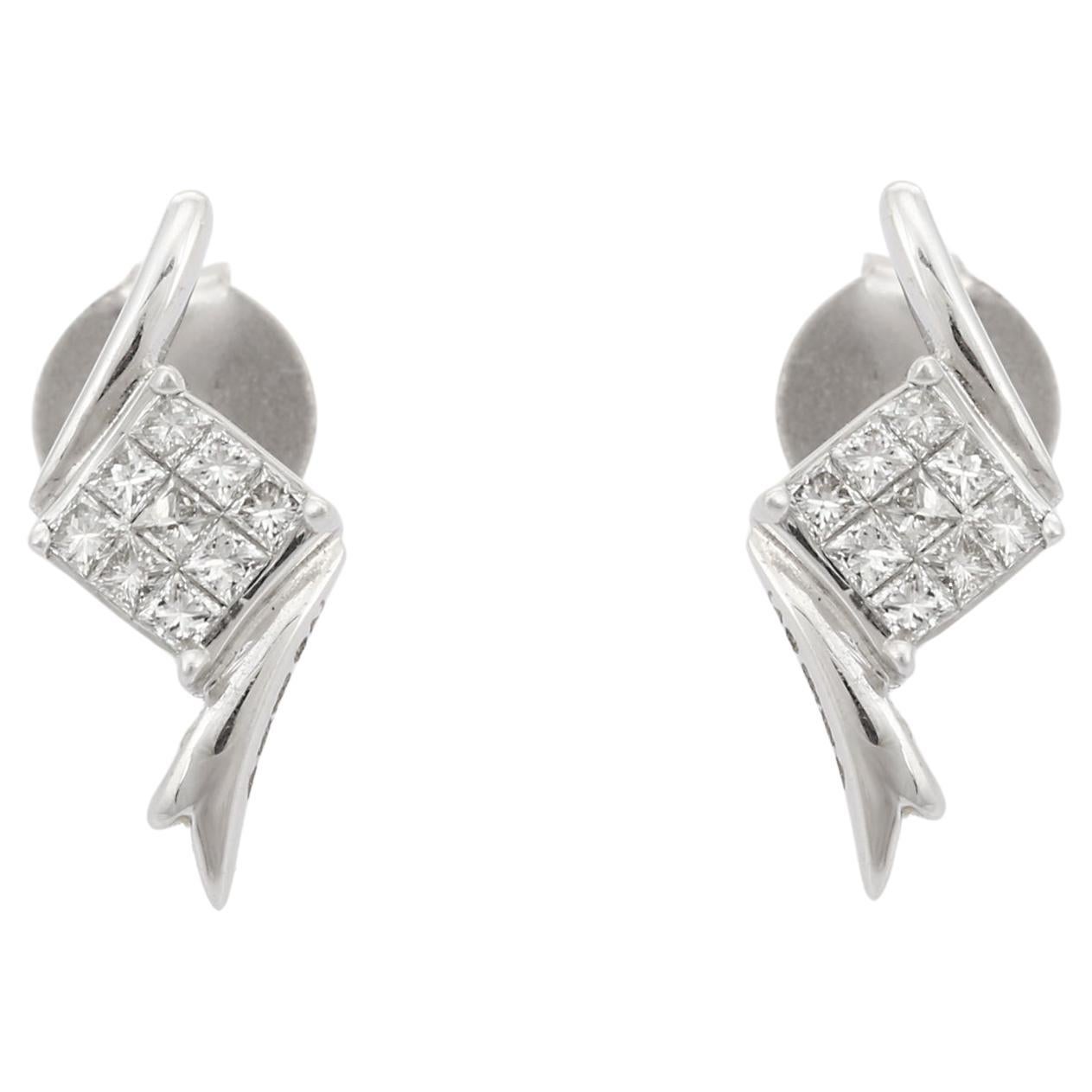 18K Solid White Gold Square Cut Natural Diamond Stud Earrings For Her