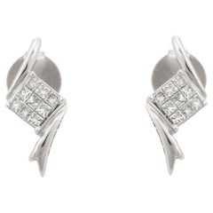 18K White Gold Stud Earrings Studded with Square Cut Natural Diamonds for Women