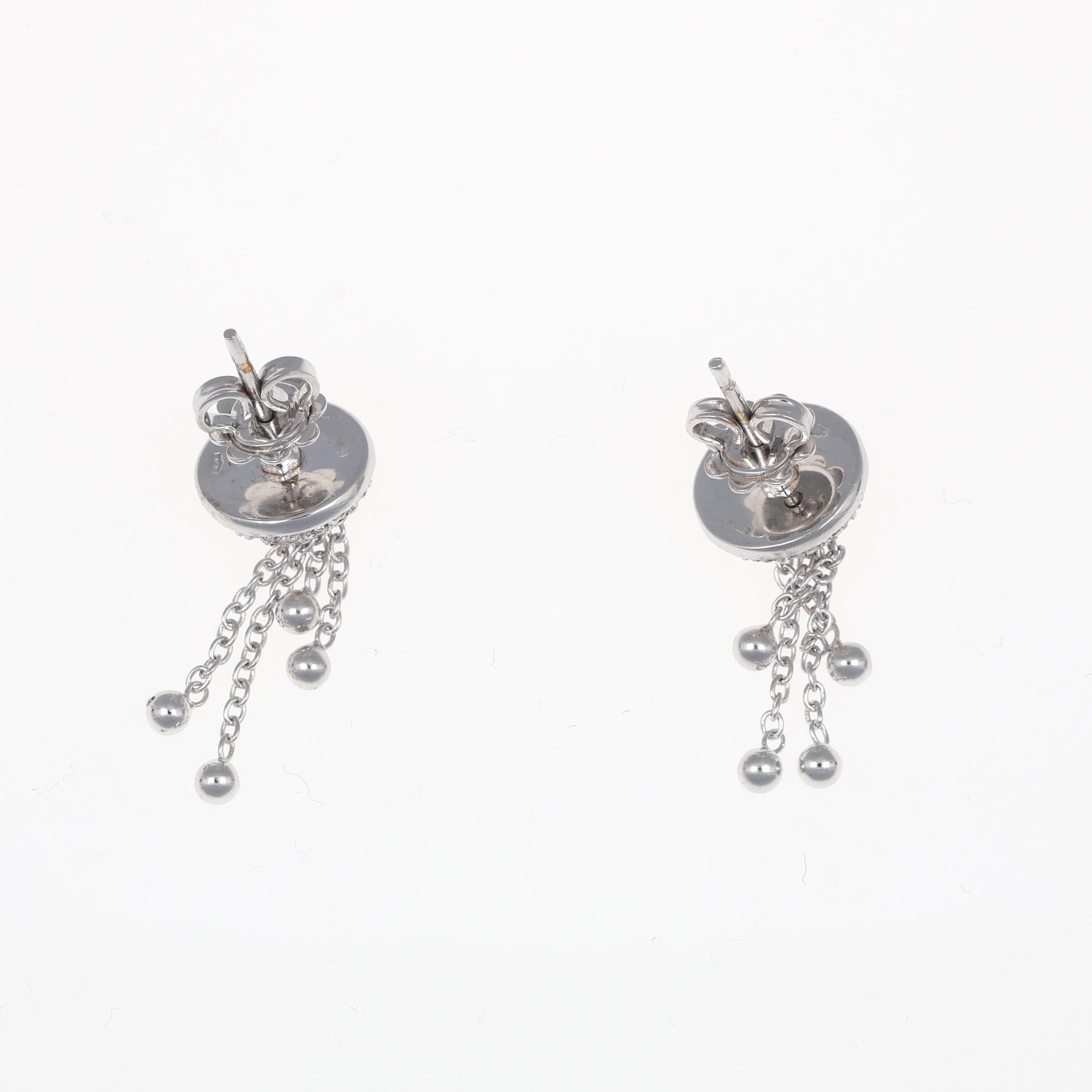Brilliant Cut 18K White Gold Stud Earrings with Chain Drops and Diamond Pavé For Sale