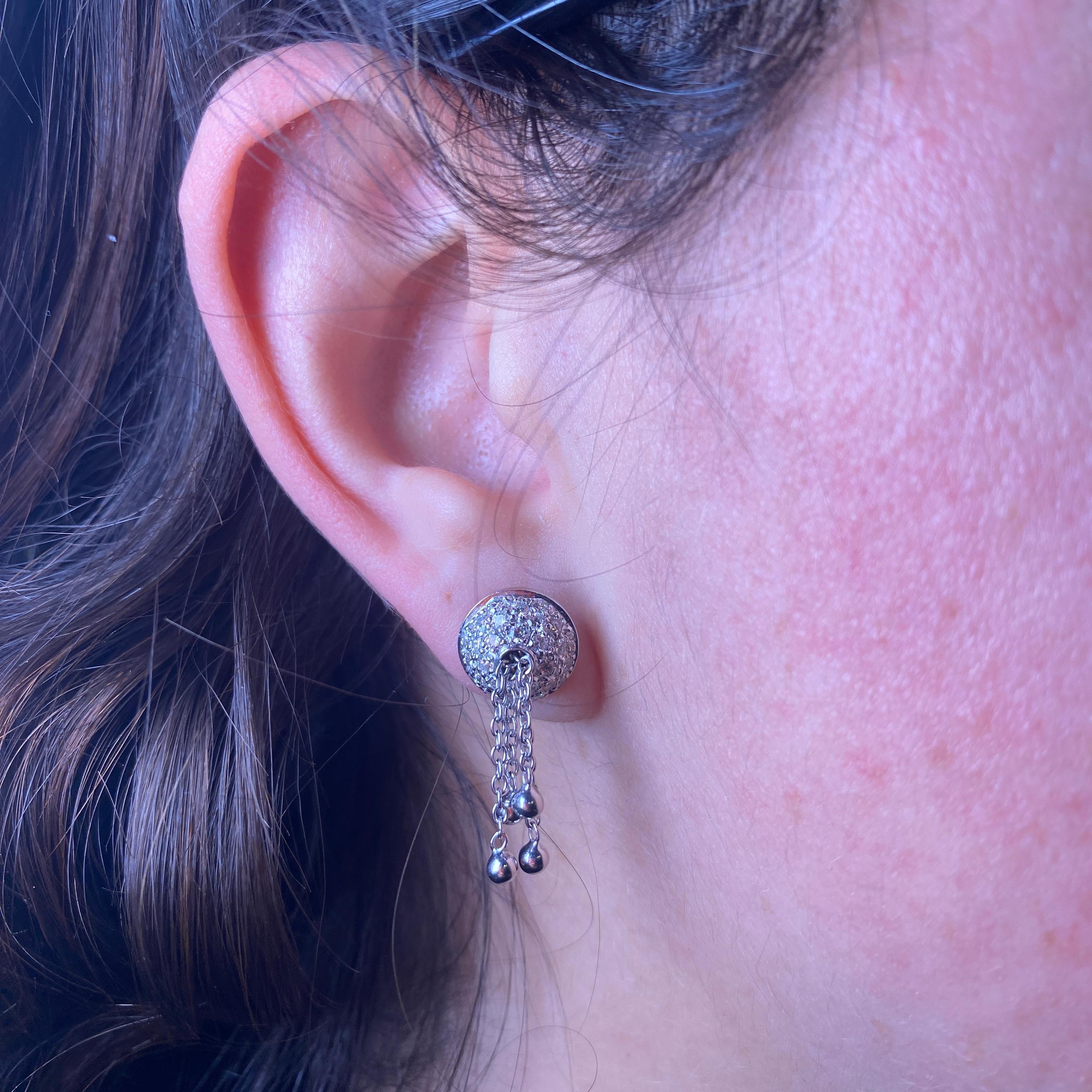 Women's or Men's 18K White Gold Stud Earrings with Chain Drops and Diamond Pavé For Sale