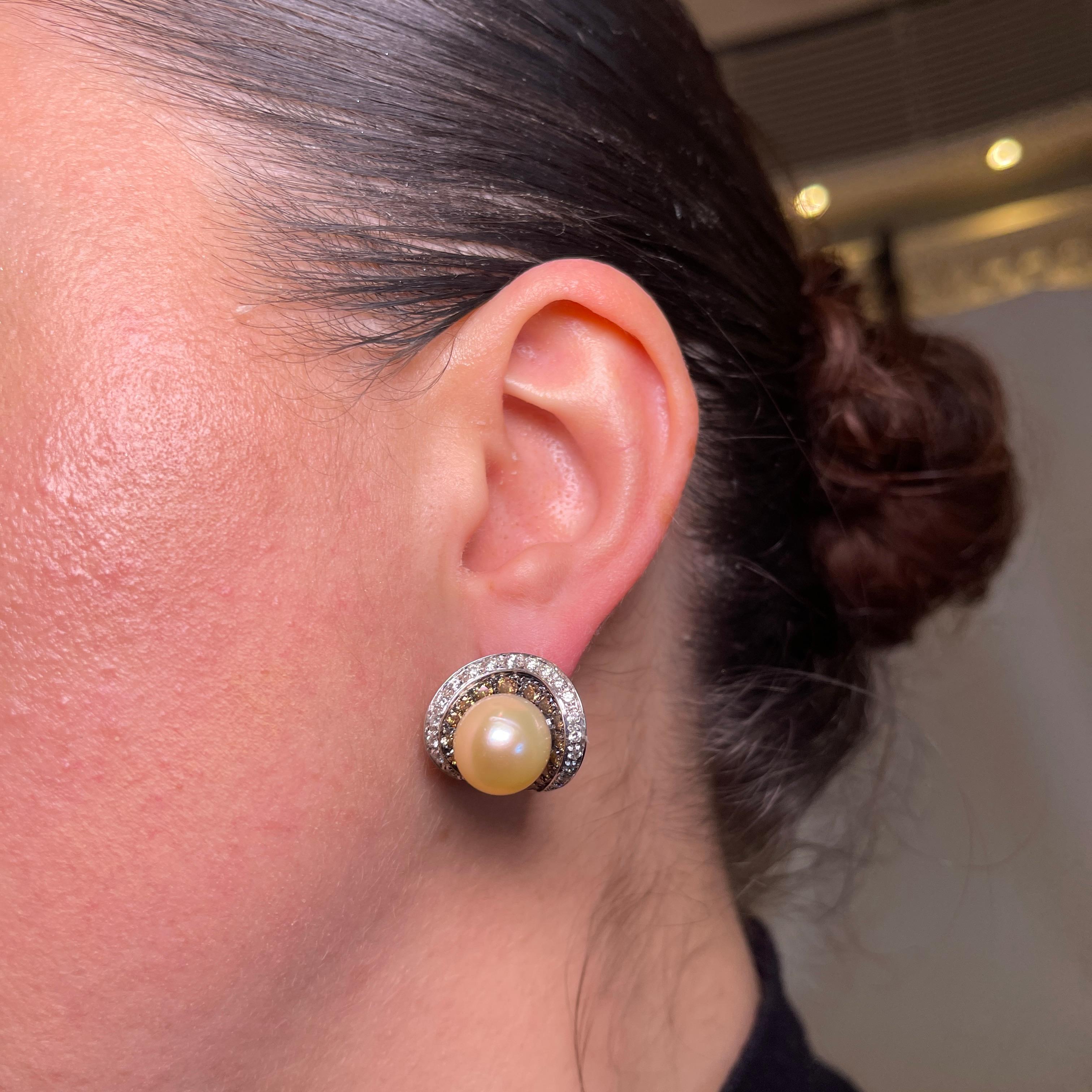 Women's or Men's 18K White Gold Stud Earrings with Natural White and Brown Diamonds For Sale