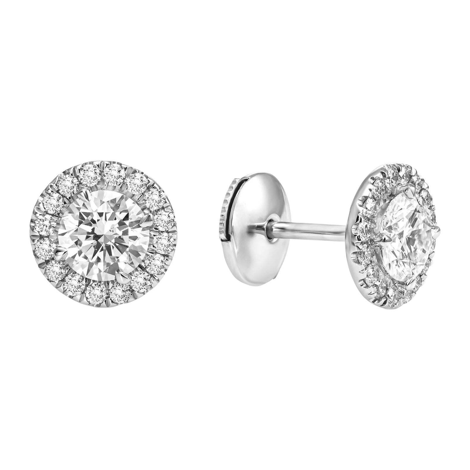 Boucles d'oreilles Halo en or blanc 18k avec diamants ronds naturels 1.52tcw