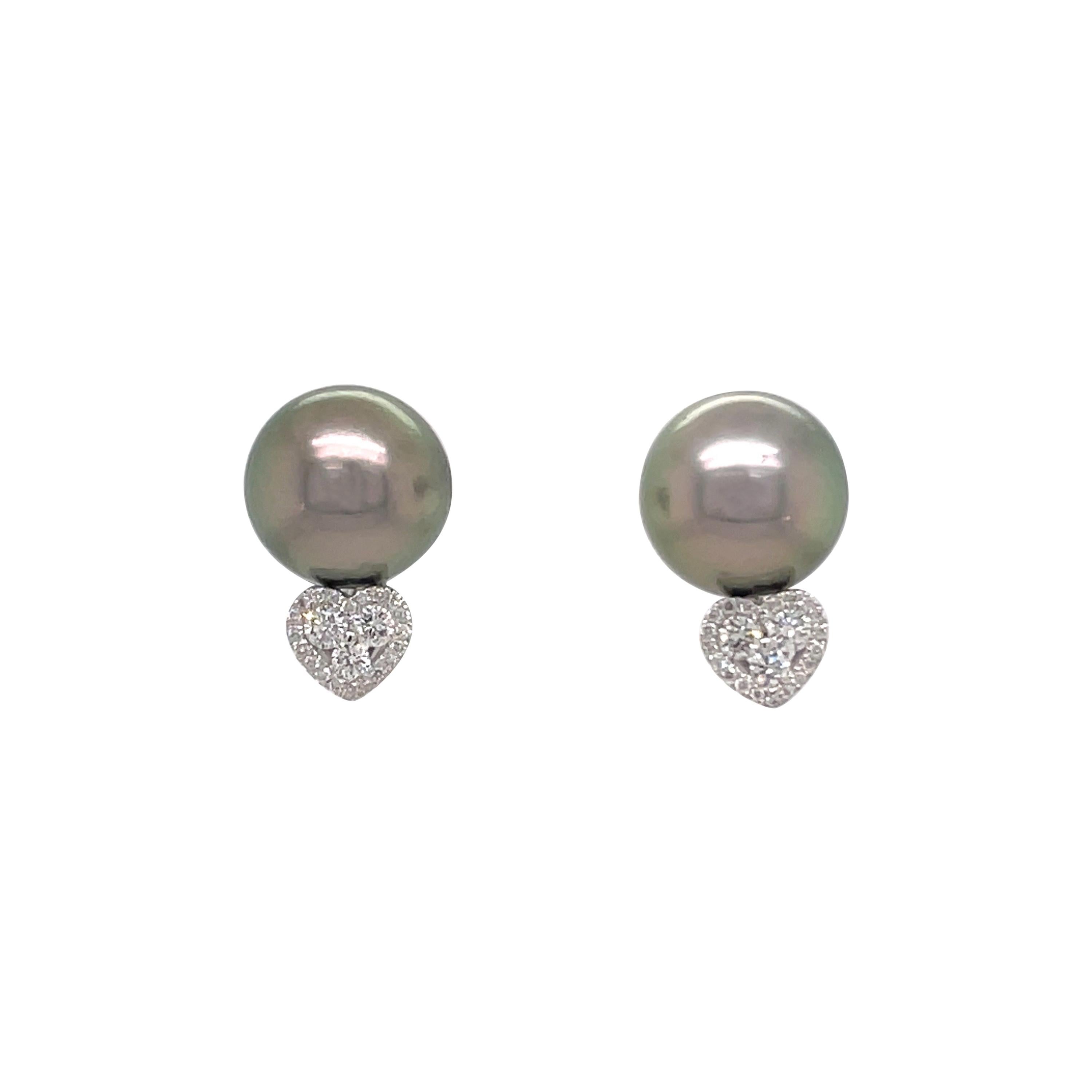 18K White Gold Stud Tahitian Pearl an Diamond Earrings For Sale