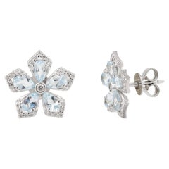 18k White Gold Stunning Aquamarine Diamond Flower Stud Earrings for Her