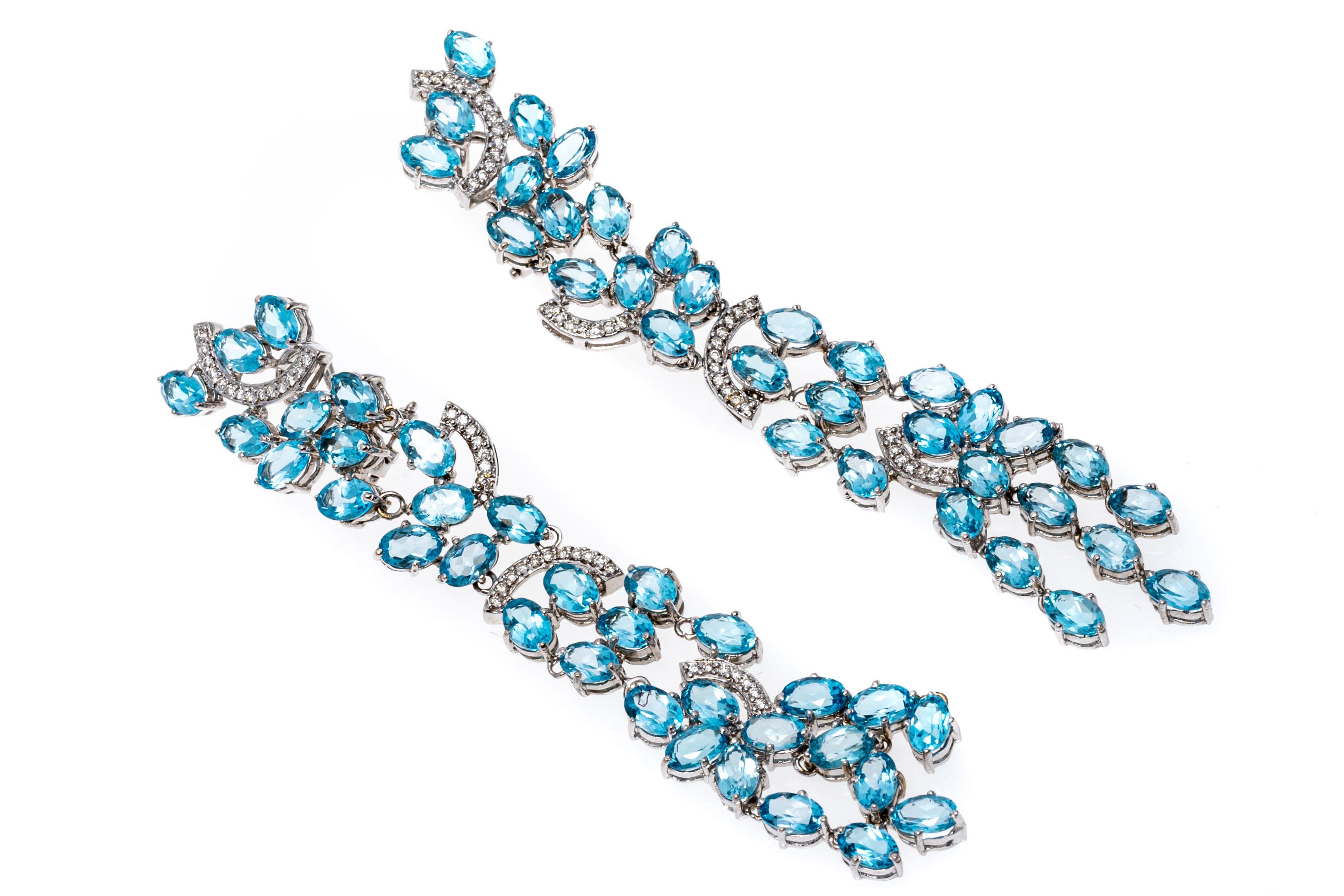 18k White Gold Stunning Diamond and Blue Topaz Waterfall Earrings In Good Condition For Sale In Southport, CT