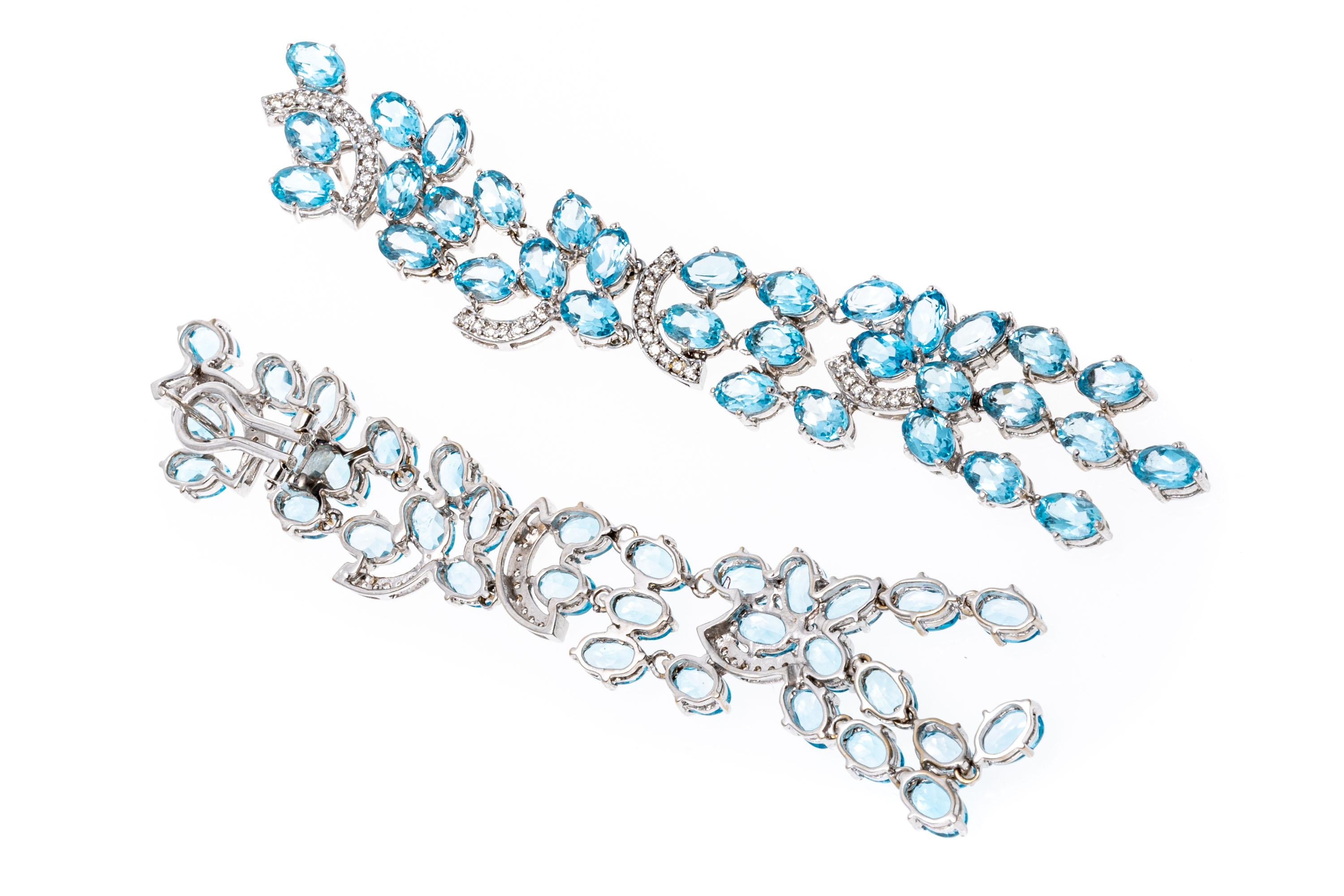 Women's 18k White Gold Stunning Diamond and Blue Topaz Waterfall Earrings For Sale