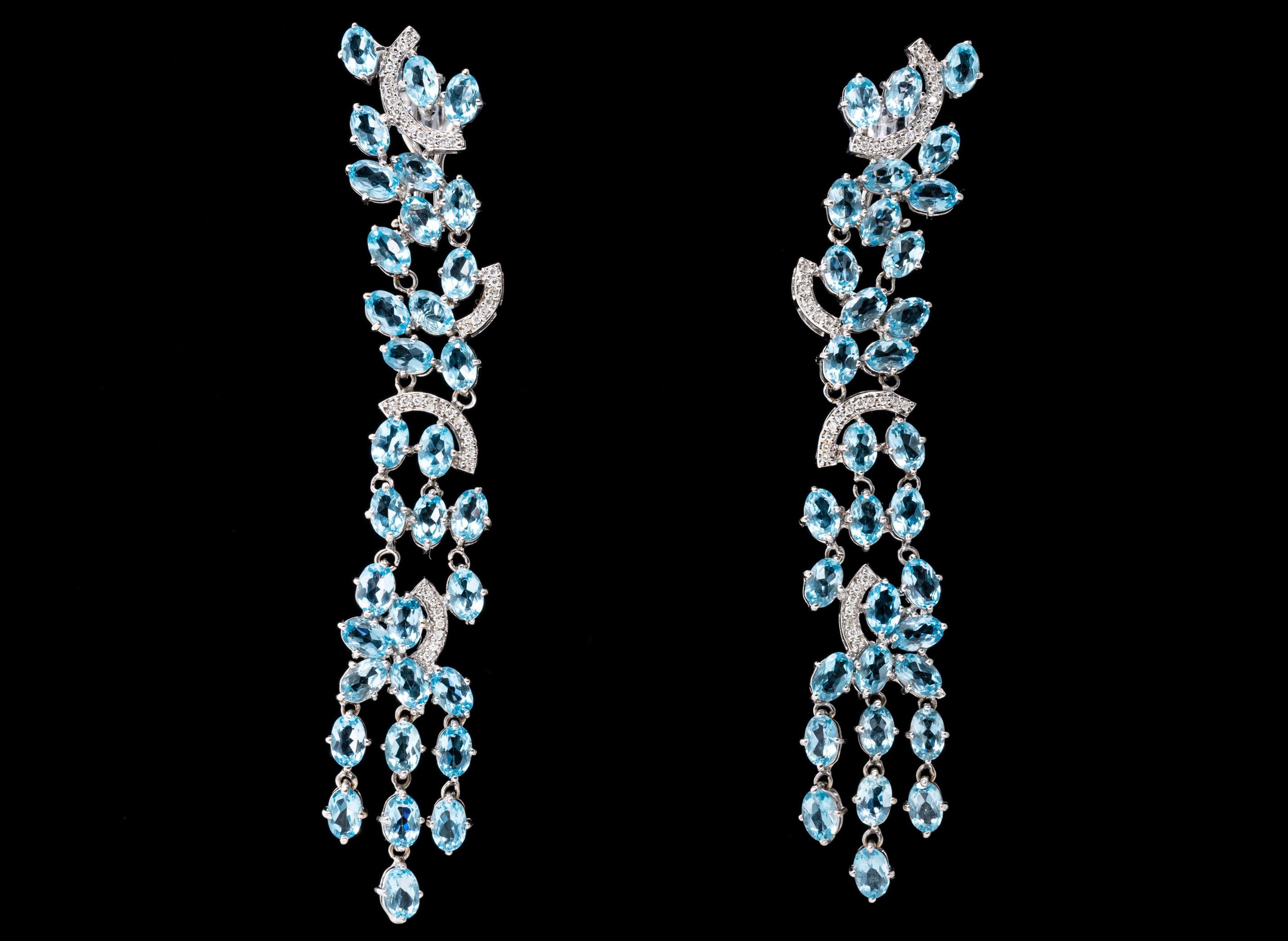 18k White Gold Stunning Diamond and Blue Topaz Waterfall Earrings For Sale 3