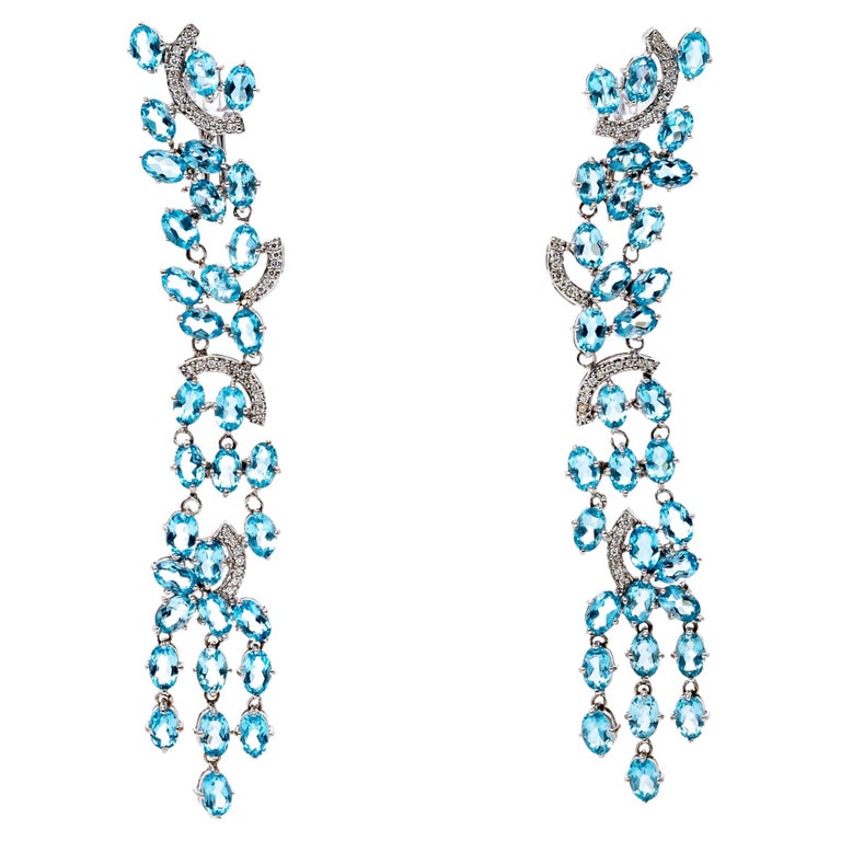 18k White Gold Stunning Diamond and Blue Topaz Waterfall Earrings For