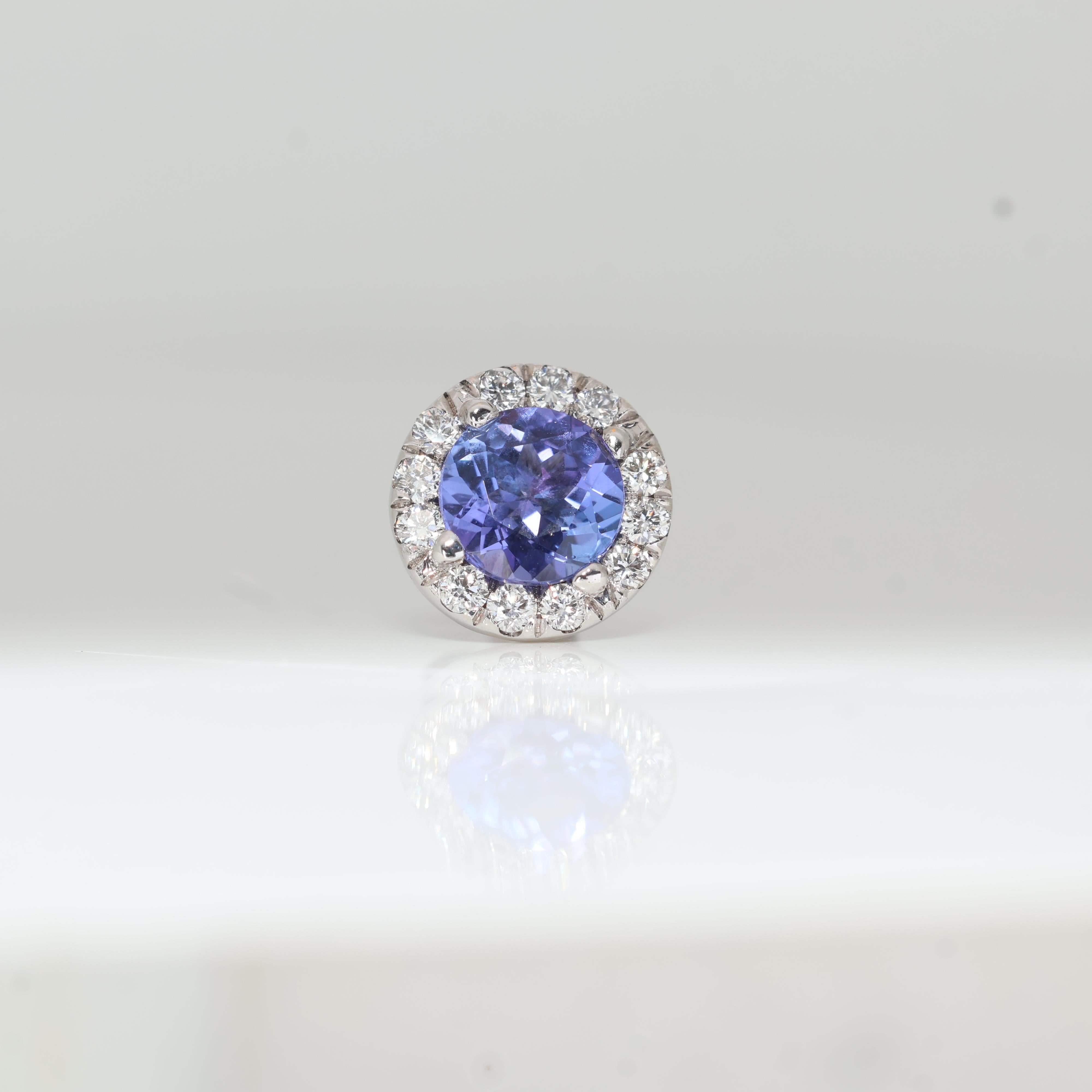 Round Cut 18K White Gold Stunning Tanzanite Halo Earrings For Sale