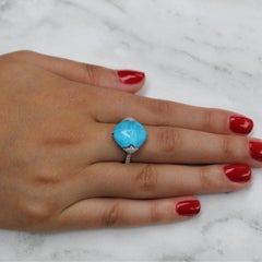 18K White Gold Sugarloaf Cabochon Ring with White Topaz, Turquoise and Diamonds