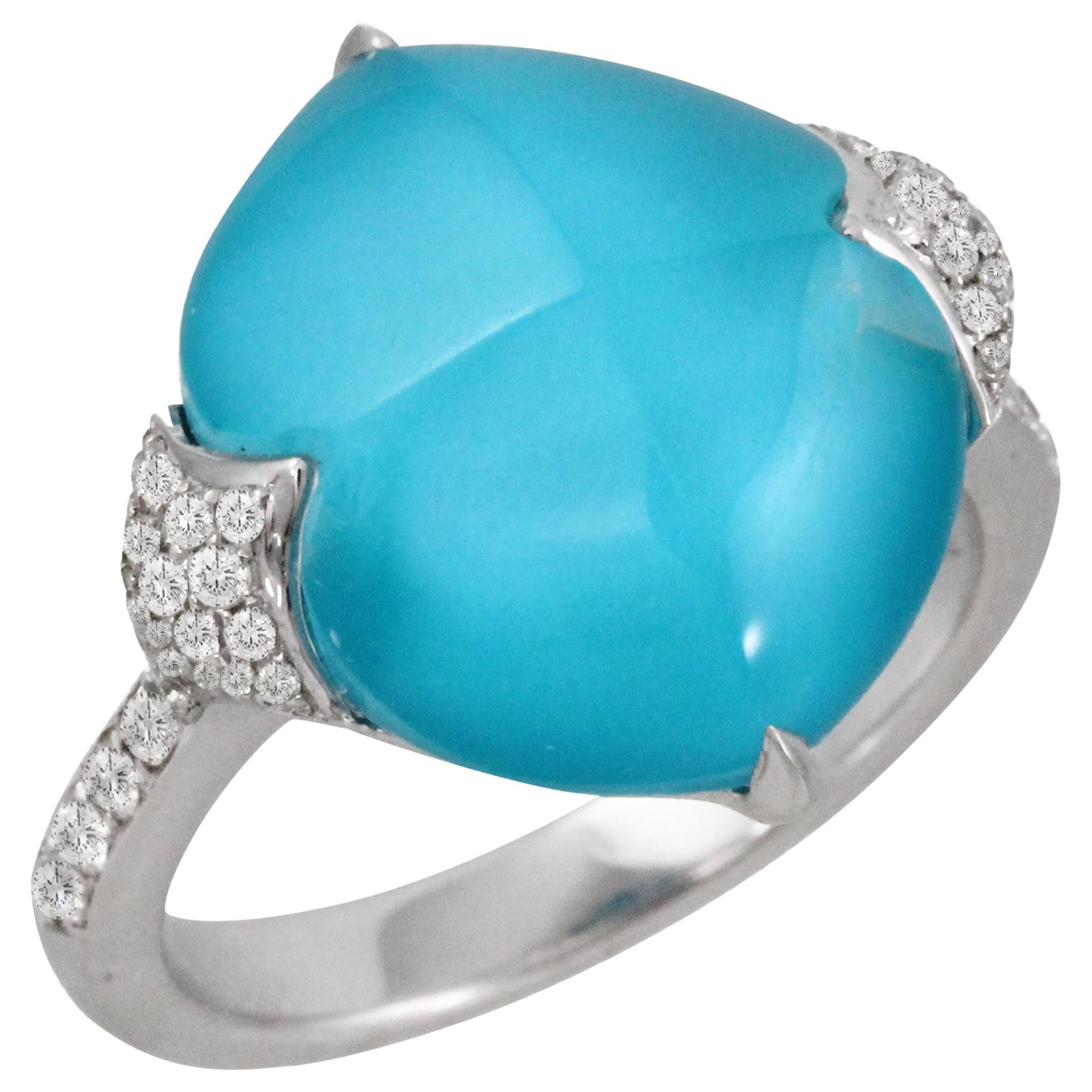 18K White Gold Sugarloaf Cabochon Ring with White Topaz, Turquoise and Diamonds For Sale