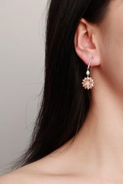 18K White Gold Sunflower Drop Earrings with Orange and White Diamonds