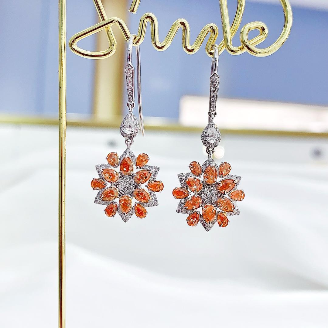 Modern 18K White Gold Sunflower Drop Earrings with Orange and White Diamonds For Sale